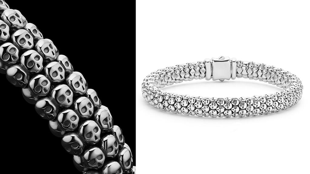 Anthem bracelet made of sterling silver skull Caviar beading ($700) Lagos Anthem skull caviar bracelet for men